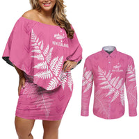 New Zealand Lawn Bowls Breast Cancer Personalized Couples Matching Off Shoulder Short Dress and Long Sleeve Button Shirt Wrap-Around Silver Fern - Polynesian Pride