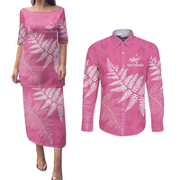 New Zealand Lawn Bowls Breast Cancer Personalized Couples Matching Puletasi and Long Sleeve Button Shirt Wrap-Around Silver Fern - Polynesian Pride