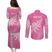 New Zealand Lawn Bowls Breast Cancer Personalized Couples Matching Puletasi and Long Sleeve Button Shirt Wrap-Around Silver Fern LT7 - Polynesian Pride