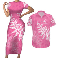 New Zealand Lawn Bowls Breast Cancer Personalized Couples Matching Short Sleeve Bodycon Dress and Hawaiian Shirt Wrap-Around Silver Fern LT7 Pink - Polynesian Pride
