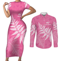 New Zealand Lawn Bowls Breast Cancer Personalized Couples Matching Short Sleeve Bodycon Dress and Long Sleeve Button Shirt Wrap-Around Silver Fern - Polynesian Pride