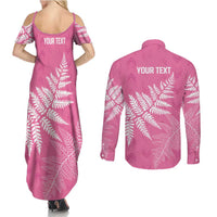 New Zealand Lawn Bowls Breast Cancer Personalized Couples Matching Summer Maxi Dress and Long Sleeve Button Shirt Wrap-Around Silver Fern - Polynesian Pride