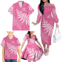 New Zealand Lawn Bowls Breast Cancer Personalized Family Matching Off The Shoulder Long Sleeve Dress and Hawaiian Shirt Wrap-Around Silver Fern LT7 - Polynesian Pride