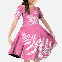 New Zealand Lawn Bowls Breast Cancer Personalized Family Matching Off Shoulder Maxi Dress and Hawaiian Shirt Wrap-Around Silver Fern LT7 Daughter's Dress Pink - Polynesian Pride