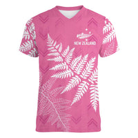 New Zealand Lawn Bowls Breast Cancer Personalized Women V-Neck T-Shirt Wrap-Around Silver Fern - Polynesian Pride