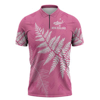 New Zealand Lawn Bowls Breast Cancer Personalized Zipper Polo Shirt Wrap-Around Silver Fern LT7 Pink - Polynesian Pride