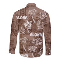 Aloha Vintage Quilt Long Sleeve Button Shirt Hawaiian Seamless - Brown LT7 - Polynesian Pride