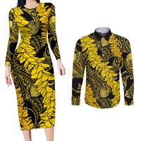 Hawaii Oahu Ilima Lei Couples Matching Long Sleeve Bodycon Dress and Long Sleeve Button Shirt LT7 Yellow - Polynesian Pride