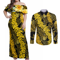 Hawaii Oahu Ilima Lei Couples Matching Off Shoulder Maxi Dress and Long Sleeve Button Shirt LT7 Yellow - Polynesian Pride