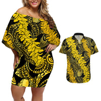 Hawaii Oahu Ilima Lei Couples Matching Off Shoulder Short Dress and Hawaiian Shirt LT7 Yellow - Polynesian Pride