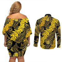Hawaii Oahu Ilima Lei Couples Matching Off Shoulder Short Dress and Long Sleeve Button Shirt LT7 - Polynesian Pride