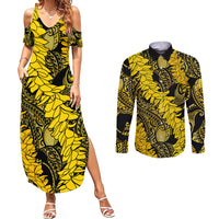 Hawaii Oahu Ilima Lei Couples Matching Summer Maxi Dress and Long Sleeve Button Shirt LT7 Yellow - Polynesian Pride
