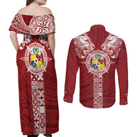 Tonga Independence Day Couples Matching Off Shoulder Maxi Dress and Long Sleeve Button Shirt Tongatapu Lion Ngatu Motifs LT7 - Polynesian Pride