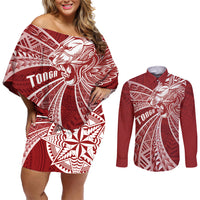 Tonga Independence Day Couples Matching Off Shoulder Short Dress and Long Sleeve Button Shirt Tongatapu Lion Ngatu Motifs