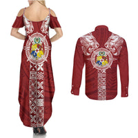 Tonga Independence Day Couples Matching Summer Maxi Dress and Long Sleeve Button Shirt Tongatapu Lion Ngatu Motifs LT7 - Polynesian Pride