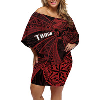 Tonga Independence Day Off Shoulder Short Dress Tongatapu Lion Ngatu Motifs Black Ver. LT7 Women Black - Polynesian Pride