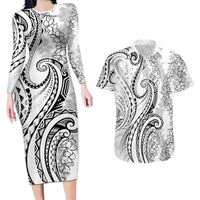 Polynesia Plumeria Lei Couples Matching Long Sleeve Bodycon Dress and Hawaiian Shirt White Curves Motif