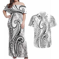Polynesia Plumeria Lei Couples Matching Off Shoulder Maxi Dress and Hawaiian Shirt White Curves Motif
