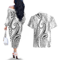 Polynesia Plumeria Lei Couples Matching Off The Shoulder Long Sleeve Dress and Hawaiian Shirt White Curves Motif