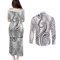 Polynesia Plumeria Lei Couples Matching Puletasi and Long Sleeve Button Shirt White Curves Motif