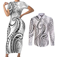Polynesia Plumeria Lei Couples Matching Short Sleeve Bodycon Dress and Long Sleeve Button Shirt White Curves Motif LT7 White - Polynesian Pride