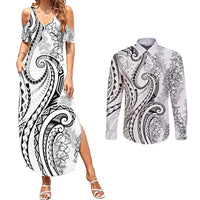 Polynesia Plumeria Lei Couples Matching Summer Maxi Dress and Long Sleeve Button Shirt White Curves Motif