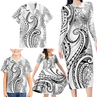 Polynesia Plumeria Lei Family Matching Long Sleeve Bodycon Dress and Hawaiian Shirt White Curves Motif