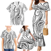 Polynesia Plumeria Lei Family Matching Mermaid Dress and Hawaiian Shirt White Curves Motif