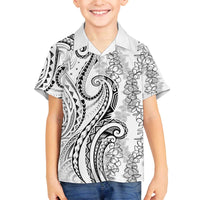 Polynesia Plumeria Lei Family Matching Off The Shoulder Long Sleeve Dress and Hawaiian Shirt White Curves Motif