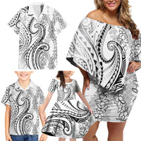 Polynesia Plumeria Lei Family Matching Off Shoulder Short Dress and Hawaiian Shirt White Curves Motif