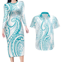 Polynesia Plumeria Lei Couples Matching Long Sleeve Bodycon Dress and Hawaiian Shirt White Turquoise Curves Motif