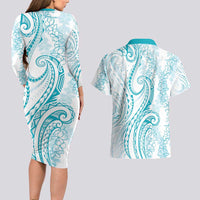 Polynesia Plumeria Lei Couples Matching Long Sleeve Bodycon Dress and Hawaiian Shirt White Turquoise Curves Motif