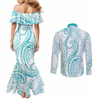 Polynesia Plumeria Lei Couples Matching Mermaid Dress and Long Sleeve Button Shirt White Turquoise Curves Motif LT7 - Polynesian Pride
