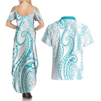 Polynesia Plumeria Lei Couples Matching Summer Maxi Dress and Hawaiian Shirt White Turquoise Curves Motif