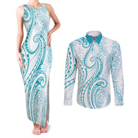Polynesia Plumeria Lei Couples Matching Tank Maxi Dress and Long Sleeve Button Shirt White Turquoise Curves Motif LT7 Turquoise - Polynesian Pride