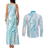 Polynesia Plumeria Lei Couples Matching Tank Maxi Dress and Long Sleeve Button Shirt White Turquoise Curves Motif LT7 - Polynesian Pride