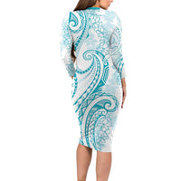 Polynesia Plumeria Lei Family Matching Long Sleeve Bodycon Dress and Hawaiian Shirt White Turquoise Curves Motif