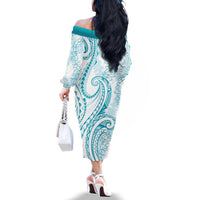 Polynesia Plumeria Lei Family Matching Off The Shoulder Long Sleeve Dress and Hawaiian Shirt White Turquoise Curves Motif