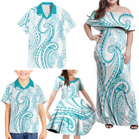 Polynesia Plumeria Lei Family Matching Off Shoulder Maxi Dress and Hawaiian Shirt White Turquoise Curves Motif