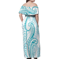 Polynesia Plumeria Lei Family Matching Off Shoulder Maxi Dress and Hawaiian Shirt White Turquoise Curves Motif