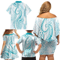 Polynesia Plumeria Lei Family Matching Off Shoulder Short Dress and Hawaiian Shirt White Turquoise Curves Motif