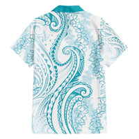 Polynesia Plumeria Lei Family Matching Off Shoulder Short Dress and Hawaiian Shirt White Turquoise Curves Motif