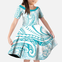 Polynesia Plumeria Lei Family Matching Puletasi and Hawaiian Shirt White Turquoise Curves Motif LT7 Daughter's Dress Turquoise - Polynesian Pride