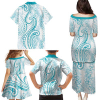 Polynesia Plumeria Lei Family Matching Puletasi and Hawaiian Shirt White Turquoise Curves Motif LT7 - Polynesian Pride