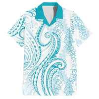Polynesia Plumeria Lei Family Matching Puletasi and Hawaiian Shirt White Turquoise Curves Motif LT7 Dad's Shirt - Short Sleeve Turquoise - Polynesian Pride
