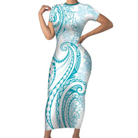 Polynesia Plumeria Lei Family Matching Short Sleeve Bodycon Dress and Hawaiian Shirt White Turquoise Curves Motif