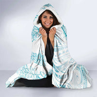 Polynesia Plumeria Lei Hooded Blanket White Turquoise Curves Motif