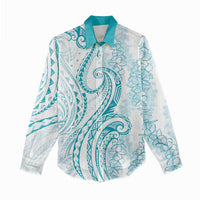Polynesia Plumeria Lei Women Casual Shirt White Turquoise Curves Motif