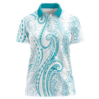 Polynesia Plumeria Lei Women Polo Shirt White Turquoise Curves Motif