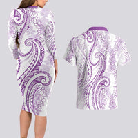 Polynesia Plumeria Lei Couples Matching Long Sleeve Bodycon Dress and Hawaiian Shirt White Violet Curves Motif